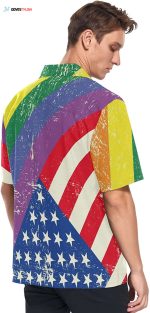 Lgbt Rainbow Men’s Hawaiian Shirt American Flag Background, Short Sleeves Button Down Aloha Shirts Beach For Ally