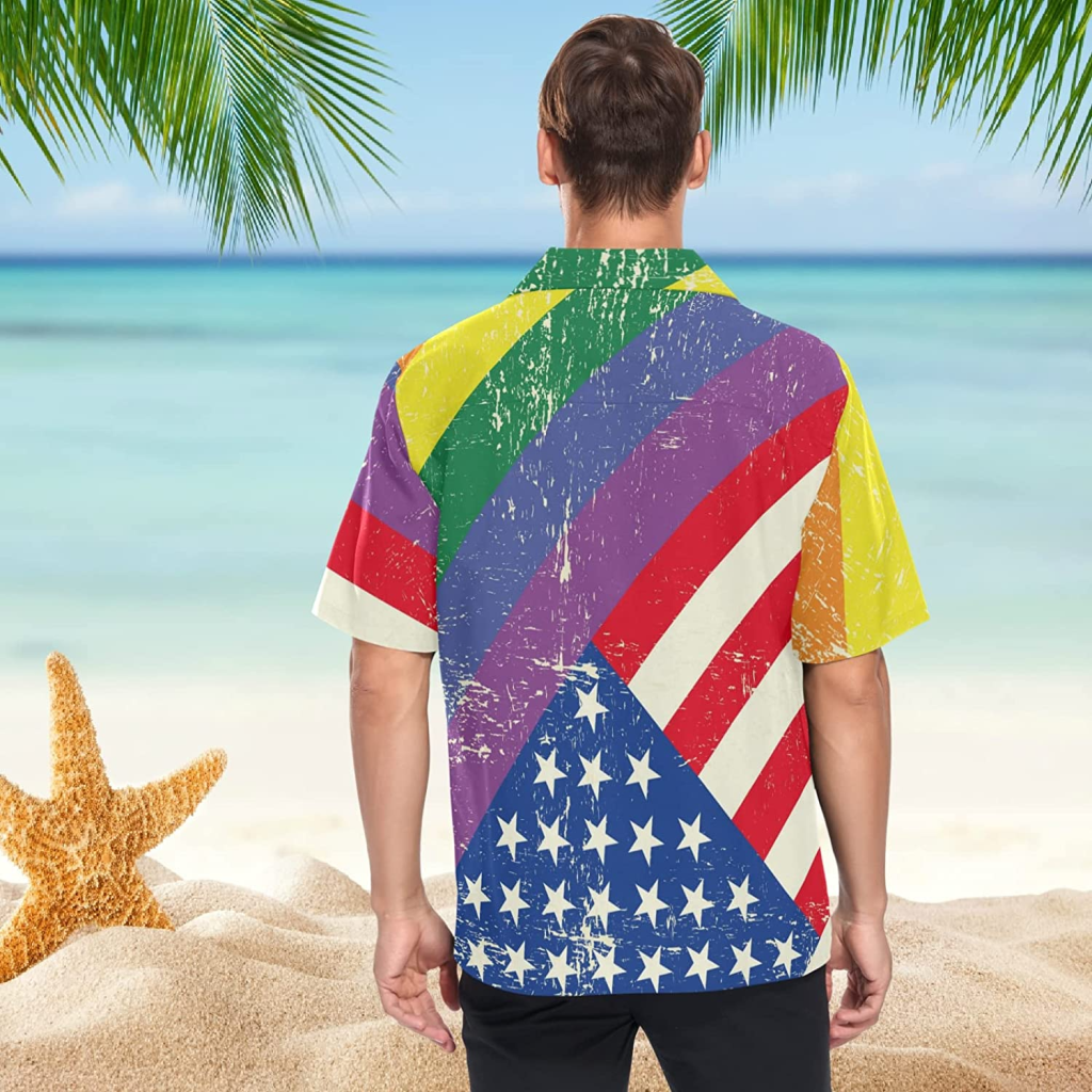 Lgbt Rainbow Men’s Hawaiian Shirt American Flag Background, Short Sleeves Button Down Aloha Shirts Beach For Ally