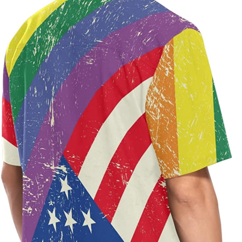 Lgbt Rainbow Men’s Hawaiian Shirt American Flag Background, Short Sleeves Button Down Aloha Shirts Beach For Ally