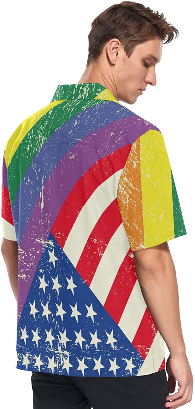 Lgbt Rainbow Men’s Hawaiian Shirt American Flag Background, Short Sleeves Button Down Aloha Shirts Beach For Ally