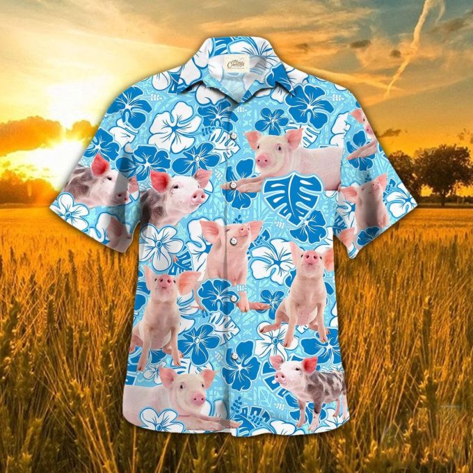 Pig Blue Floral Hawaiian Shirt, Pig Hawaiian Shirt Short Sleeve, Summer Hawaii Shirt For Farmer