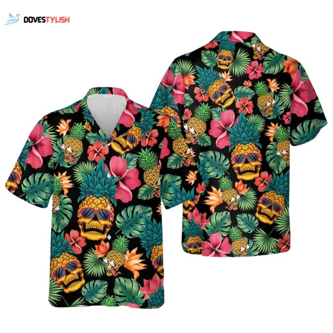 Pineapple Skull Hawaiian Shirt, Tropical Skull Beach Short Sleeve Shirts For Men, Cool Hawaiian Shirt For Him