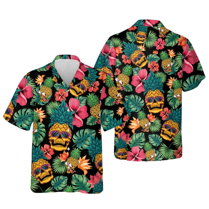 Pineapple Skull Hawaiian Shirt, Tropical Skull Beach Short Sleeve Shirts For Men, Cool Hawaiian Shirt For Him