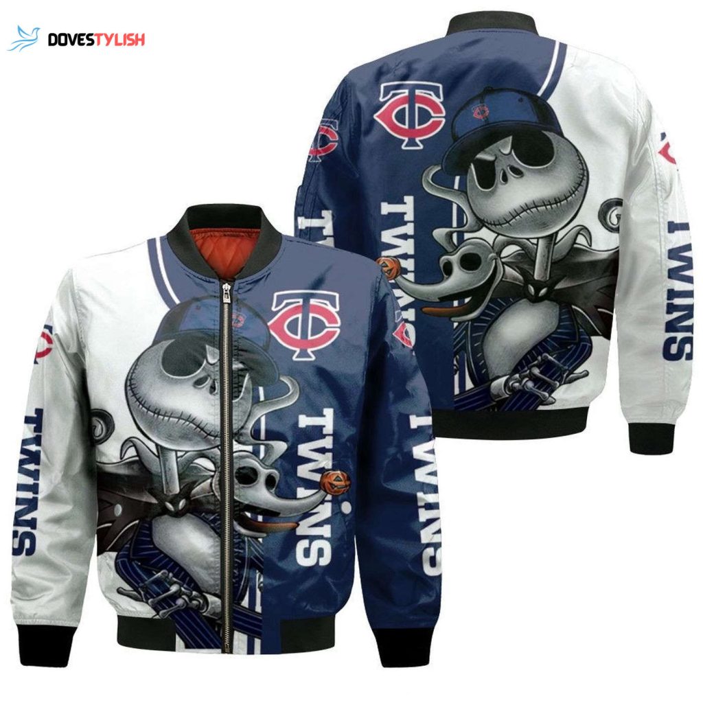 MLB Minnesota Twins Jack Skellington & Zero Bomber Jacket: Unique Fan Gear for Twins Enthusiasts