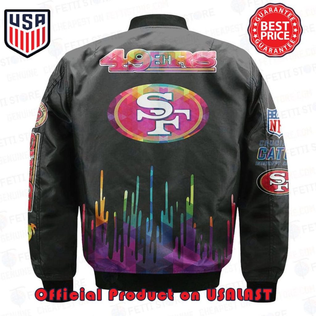 Shop the Stylish San Francisco 49ers AOP Bomber Jacket with Color Logo Design – Official NFL Merchandise