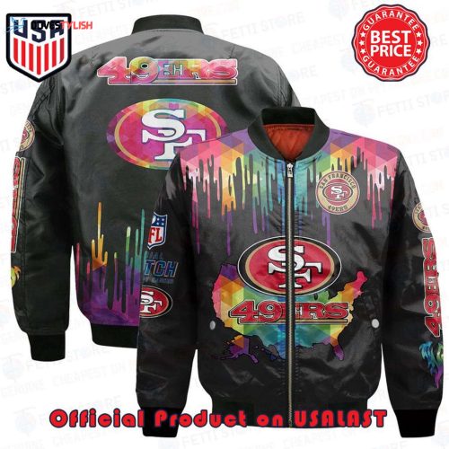 Shop the Stylish San Francisco 49ers AOP Bomber Jacket with Color Logo Design – Official NFL Merchandise