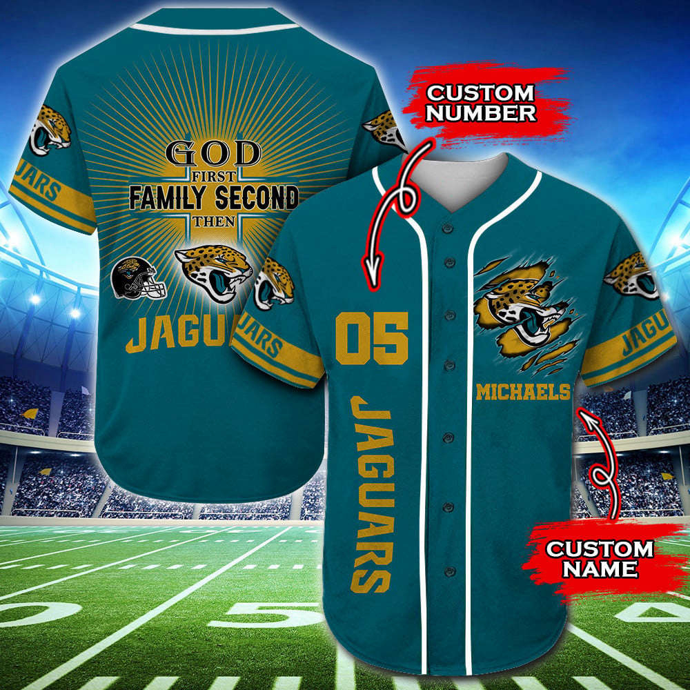 2025 Personalized Jacksonville Jaguars God First Family Second 3D Baseball Jersey 2025 Personalized Jacksonville Jaguars God First Family Second 3D Baseball Jersey
