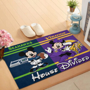 Seattle Seahawks vs Minnesota Vikings Mickey And Minnie Teams NFL House Divided Doormat Gift For Home Decor