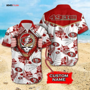 Custom Name Red Tropical Flower Skull Hawaiian Shirt - NFL San Francisco 49ers Men & Women Aloha Shirt