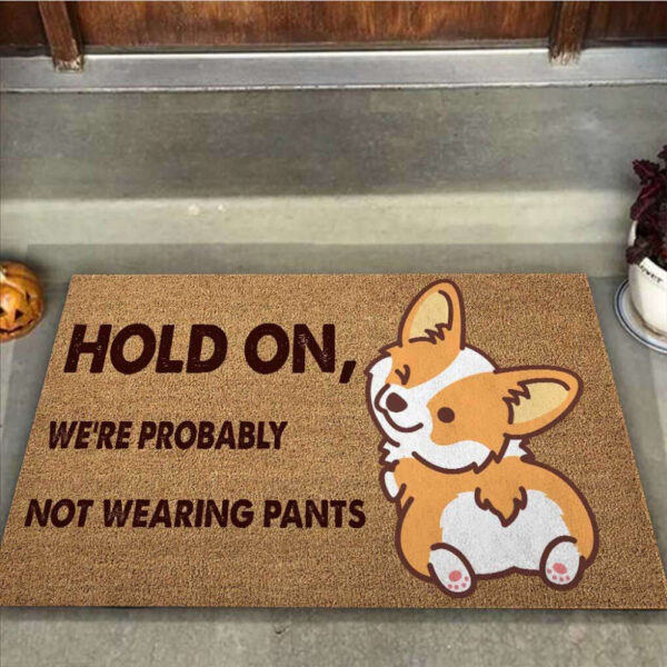 Hold On Were Probably Not Wearing Pants Corgi Easy Clean Welcome DoorMat