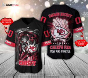Kansas City Chiefs Baseball Jersey Personalized Skull Damn Right