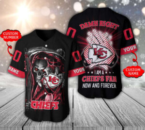 Kansas City Chiefs Baseball Jersey Personalized Skull Damn Right