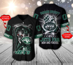 New York Jets Baseball Jersey Personalized Skull Damn Right