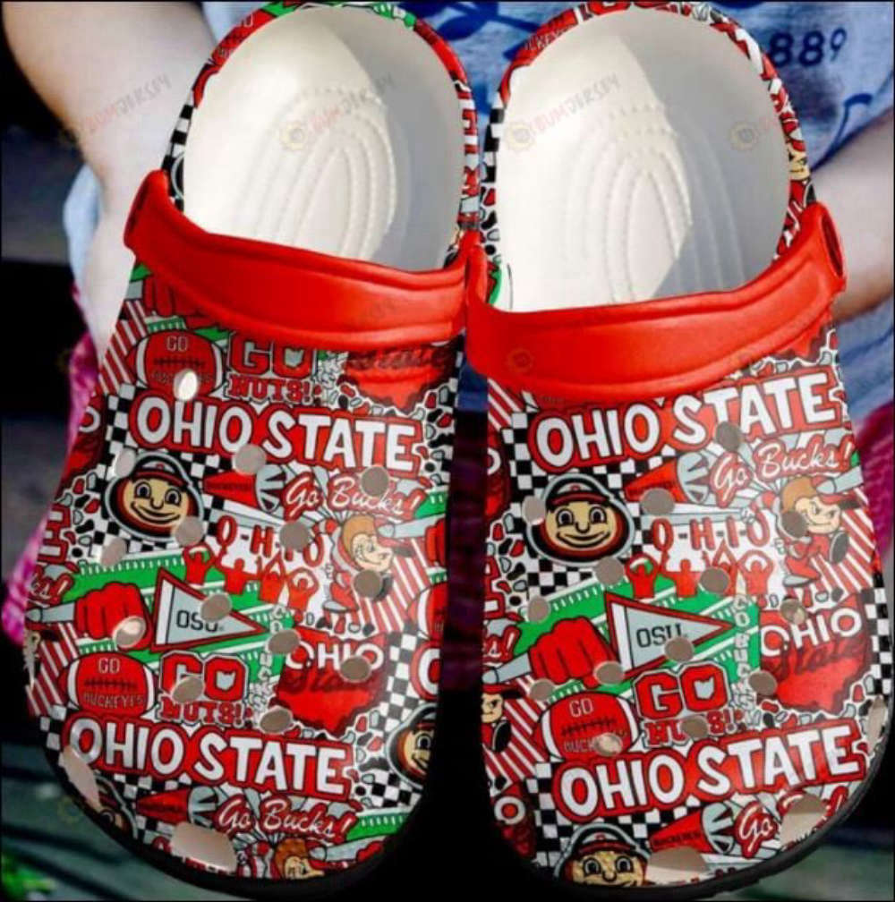 Ohio State Stickers Pattern Crocs Classic Clogs Shoes In Red & White Ohio State Stickers Pattern Crocs Classic Clogs Shoes In Red & White