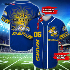2025 Personalized Los Angeles Rams God First Family Second All Over Print 3D Baseball Jersey