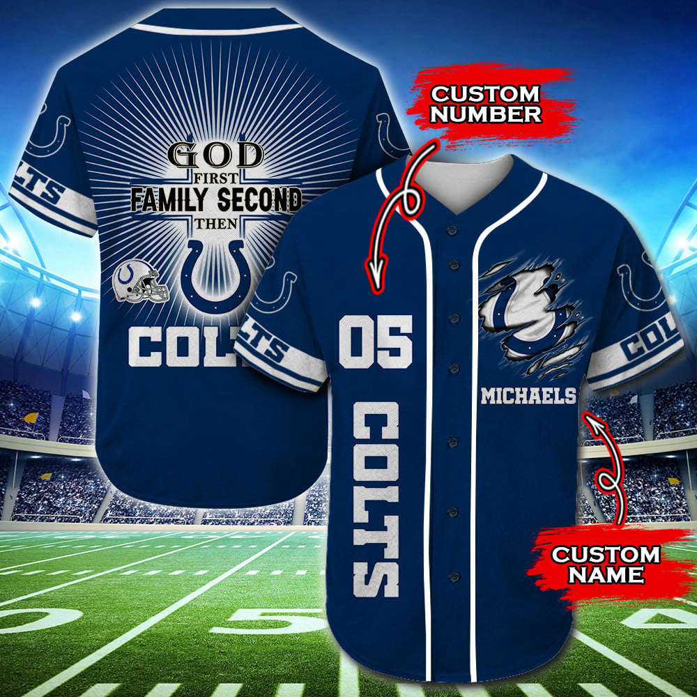 Trending 2023 Personalized Indianapolis Colts God First Family Second All Over Print 3D Baseball Jersey