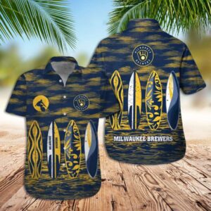 Milwaukee Brewers Hawaiian Shirt - Yellow Blue Surfboard Design