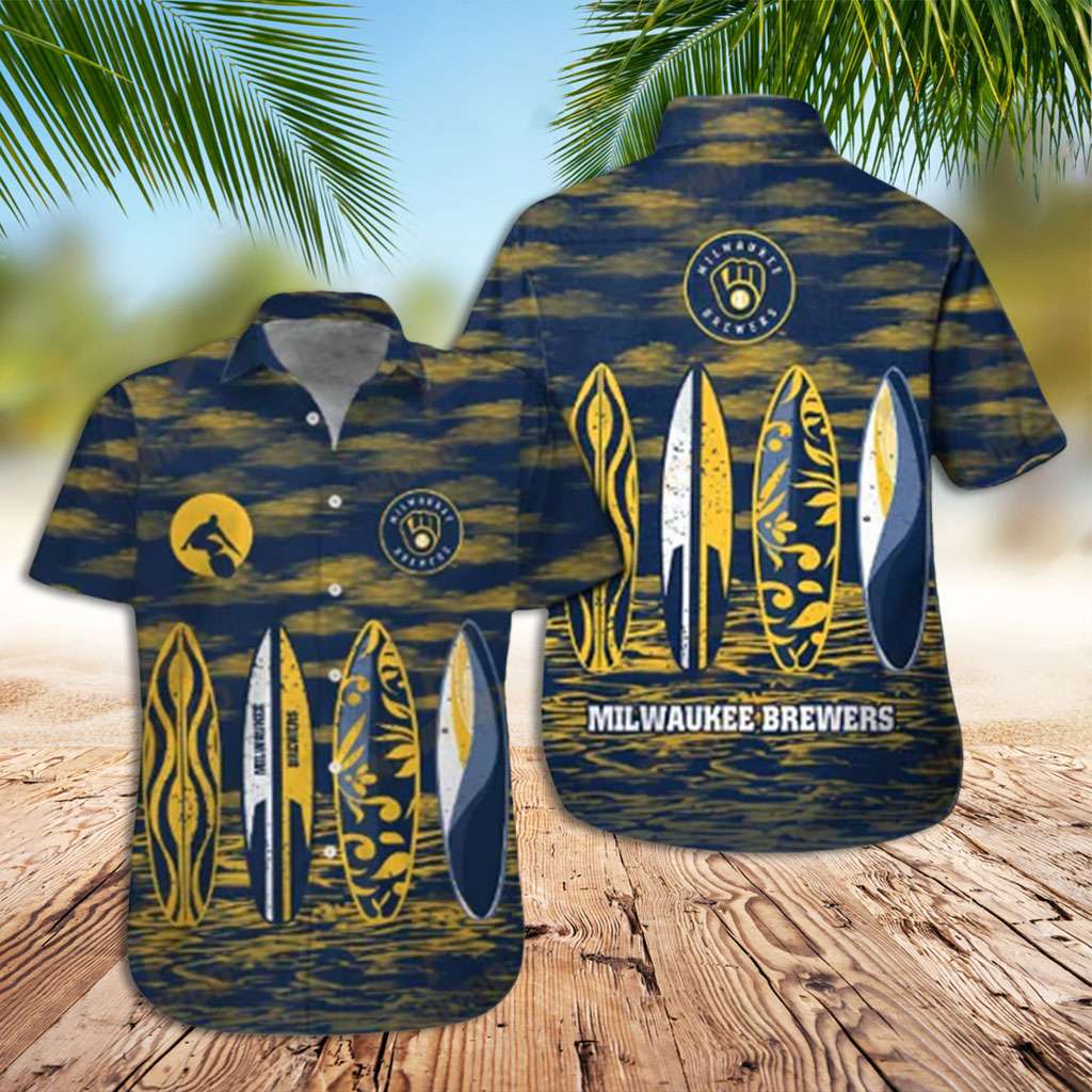 Milwaukee Brewers Hawaiian Shirt – Yellow Blue Surfboard Design Milwaukee Brewers Hawaiian Shirt – Yellow Blue Surfboard Design