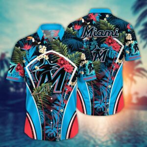 MLB Miami Marlins Hawaiian Shirt: Flower Strike Pose for Fans
