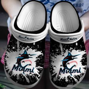 MLB Miami Marlins Clog-Shoes Clog Shoes Black – White For Fan Baseball