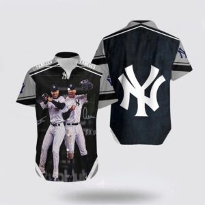 MLB New York Yankees Hawaiian Shirt: Aaron Judge & Giancarlo Stanton Jumping for Fans