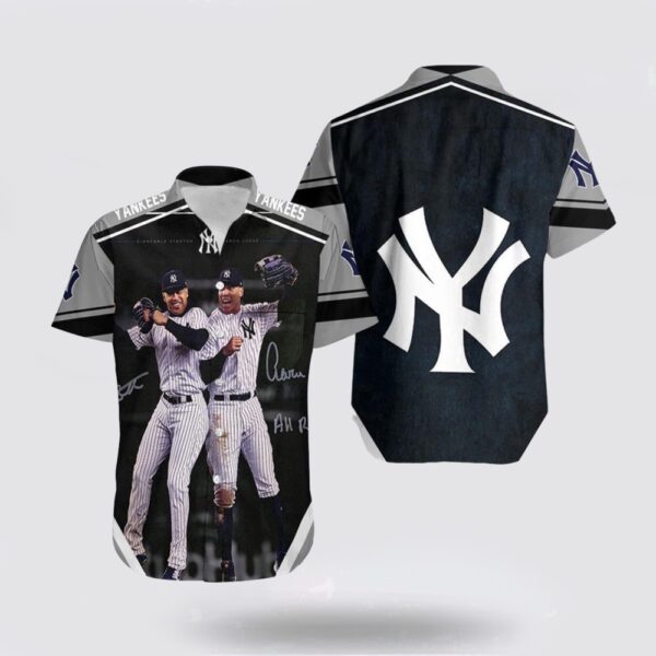 MLB New York Yankees Hawaiian Shirt: Aaron Judge & Giancarlo Stanton Jumping for Fans