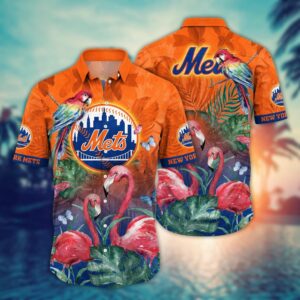 MLB New York Mets Hawaiian Shirt: Pink Flower Crane Pattern for Fans