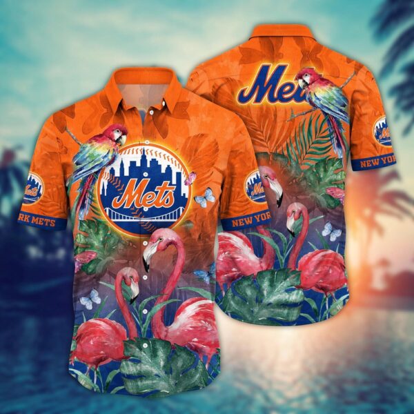 MLB New York Mets Hawaiian Shirt: Pink Flower Crane Pattern for Fans