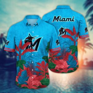 MLB Miami Marlins Hawaiian Shirt with Tropical Trees Pattern - Perfect for Fans!