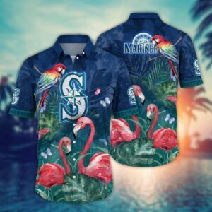 MLB Seattle Mariners Hawaiian Shirt: Pink Crane Flower Pattern for Fans