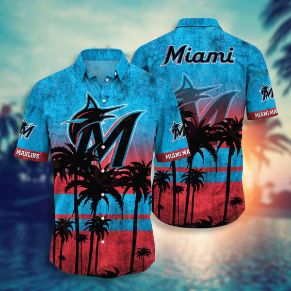Men s Miami Marlins 3D Button Hawaiian Shirt – Perfect Gift for Dad Father