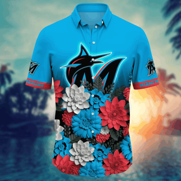 Miami Marlins 3D Flower Button Shirt: Perfect Gift for Dad and Fans Summer Football Tee