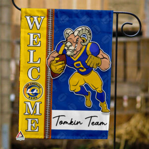 Los Angeles Rams Football Flag, Rampage Mascot Personalized Football Fan Welcome Flags, Custom Family Name NFL Decor - House Garden Decor Gift