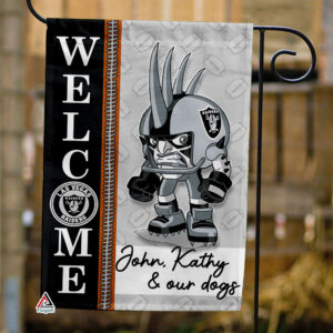 Las Vegas Raiders Football Flag, Raider Rusher Mascot Personalized Football Fan Welcome Flags, Custom Family Name NFL Decor - House Garden Decor Gift