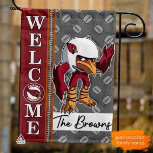 Arizona Cardinals Football Flag, Big Red Mascot Personalized Football Fan Welcome Flags, Custom Family Name NFL Premium Decor - House Garden Decor Gift