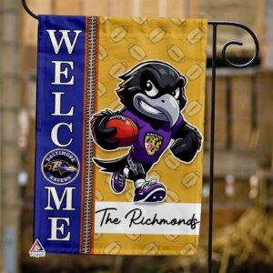 Baltimore Ravens Football Flag, Poe Mascot Personalized Football Fan Welcome Flags, Custom Family Name NFL Decor – House Garden Decor Gift