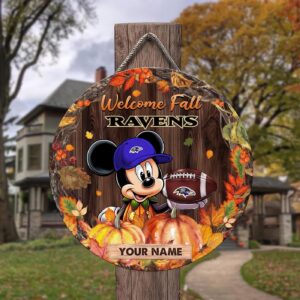 Baltimore Ravens Mickey Round Wooden Sign – Home Decor Gift