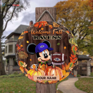 Baltimore Ravens Mickey Round Wooden Sign - Home Decor Gift