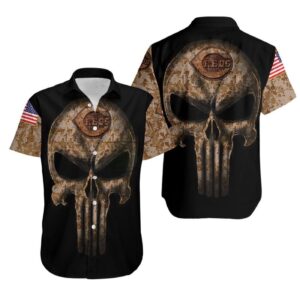 Camouflage Skull Cincinnati Reds American Flag Hawaiian Shirt – Stylish Patriotic Apparel