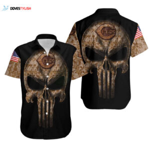 Camouflage Skull Cincinnati Reds American Flag Hawaiian Shirt - Stylish Patriotic Apparel