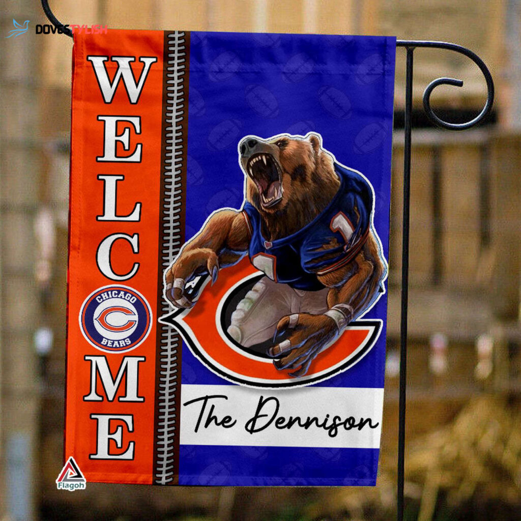 Chicago Bears Football Flag, Staley Da Bear Mascot Personalized Football Fan Welcome Flags, Custom Family Name NFL Decor – House Garden Decor Gift