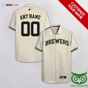 Personalized Milwaukee Brewers Beige Hawaiian Shirt with Custom Name & Number