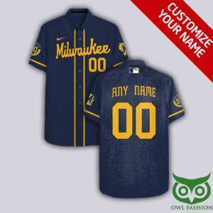 Personalized Milwaukee Brewers Dark Blue Hawaiian Shirt with Name and Number
