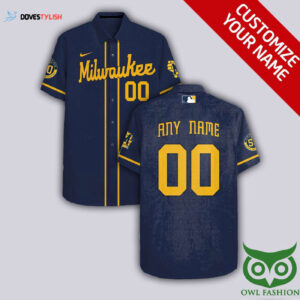 Personalized Milwaukee Brewers Dark Blue Hawaiian Shirt with Name and Number