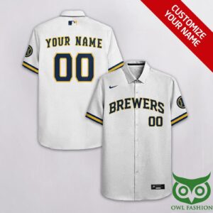 Personalized Milwaukee Brewers White Hawaiian Shirt with Name and Number