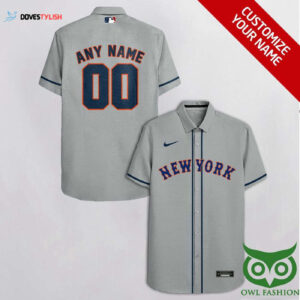 Personalized New York Mets Gray Hawaiian Shirt with Custom Name and Number