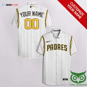 Personalized San Diego Padres Brown Stripes White Hawaiian Shirt - Custom Name & Number
