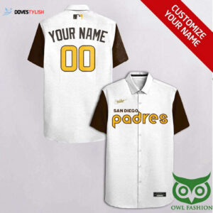 Personalized San Diego Padres White and Brown Hawaiian Shirt with Custom Name and Number