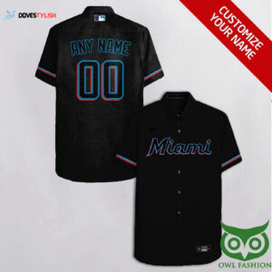 Custom Miami Marlins Black Hawaiian Shirt with Team Name - Blue Red Design
