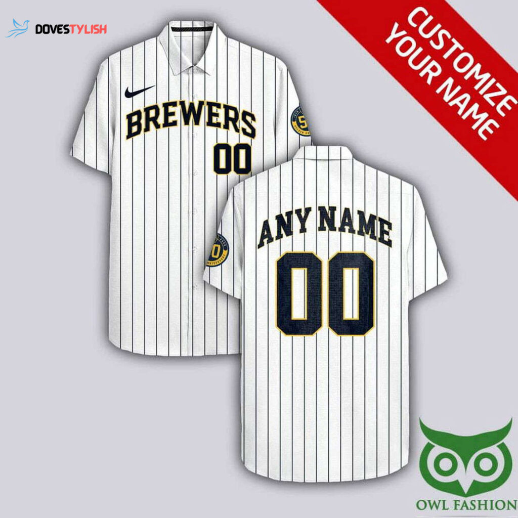 Personalized Milwaukee Brewers White Hawaiian Shirt with Dark Blue Stripes